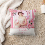 Coussin 90e anniversaire rose blanc rayures photo florale<br><div class="desc">Un cadeau pour un 90e anniversaire de femme. Bandes verticales classiques rose et blanc sur un arrière - plan blanc. Avec fleurs girly et féminine, roses roses roses et pivoines comme décoration. Un cadre sur le devant avec des modèles pour l'âge de 90 ans, nom et dates. Lettres roses. Modèle...</div>