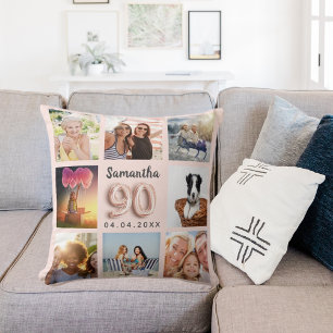 Coussin 90e anniversaire rose or blush rose collage photo