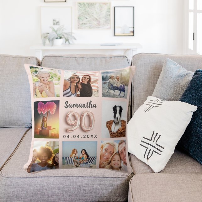 Coussin 90e anniversaire rose or blush rose collage photo (Créateur téléchargé)