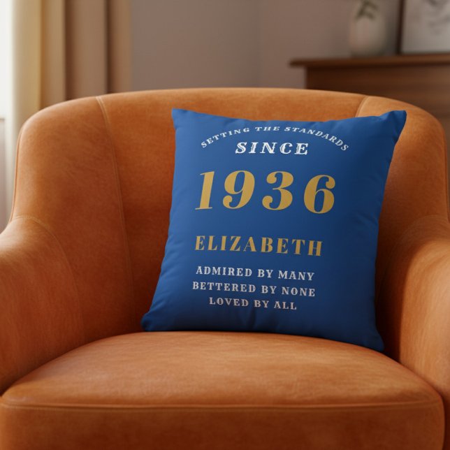 Coussin 90th Birthday 1936 Add Name Blue Gold Personalized (1936 blue cushion on orange chair)