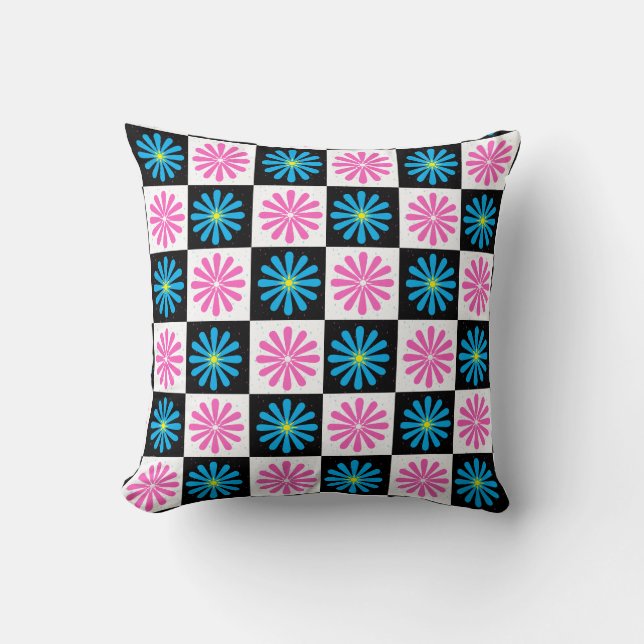 Coussin à damiers Aster bleu rose Floral Abstrait (Recto)