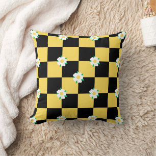 Coussin à damiers fleurs jaune blanc et noir