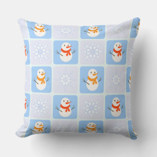 Coussin À damiers hiver bonhomme de neige motif et flocons