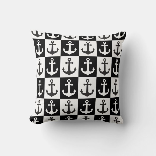 Coussin à damiers Motif d'Ancre de navire - Noir et Blanc (Recto)