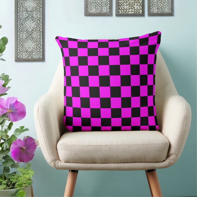 Coussin À damiers noir Fuchsia 80s (Créateur téléchargé)