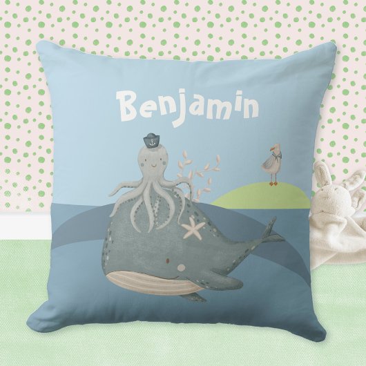 Coussin à jeter avec noms d'enfants Baleine Pieuvr