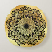 Coussin à Mandala Noir sur Fond Doré Doux (Devant)