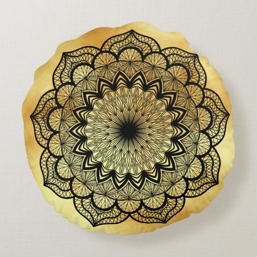 Coussin à Mandala Noir sur Fond Doré Doux (Dos)