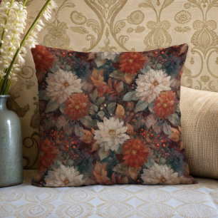 Coussin à motif floral de dahlia automnal vintage