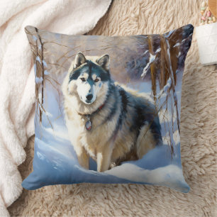 Coussin Aaskan Malamute Laissez Tomber la Neige Noël