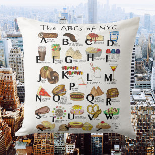 Coussin ABC de NYC Iconic New York City Foods Alphabet