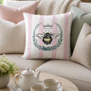 Coussin Abeille Couronnée dans une Couronne Rayures Rose