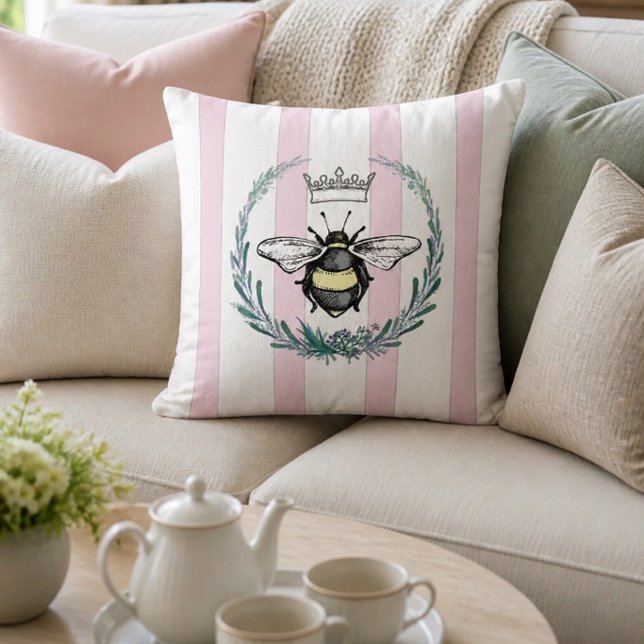 Coussin Abeille Couronnée dans une Couronne | Rayures Rose (Créateur téléchargé)