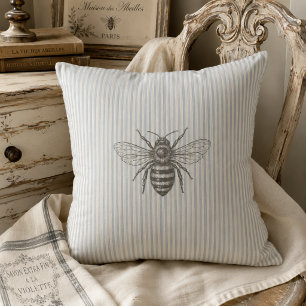 Coussin Abeille de campagne française bleue Rayure vinta