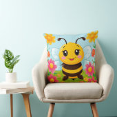 Coussin Abeille de dessin animé joyeuse entourée de fleurs (Chaise)