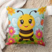 Coussin Abeille de dessin animé joyeuse entourée de fleurs (Couverture)