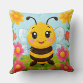 Coussin Abeille de dessin animé joyeuse entourée de fleurs (Verso)