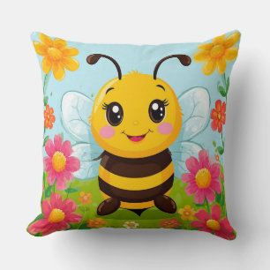 Coussin Abeille de dessin animé joyeuse entourée de fleurs