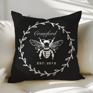 Coussin Abeille noire vintage monogramme en laurier en nid