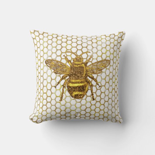 Coussin Abeille scintillante dorée Hexagone Rucher (Recto)