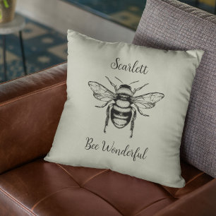 Coussin Abeille Vintage noire Sage Vert Personnaliser