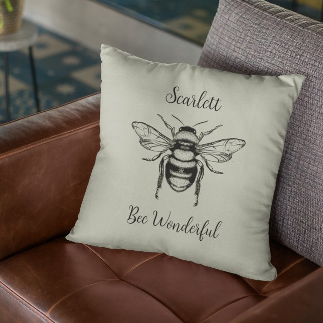 Coussin Abeille Vintage noire Sage Vert Personnaliser (Créateur téléchargé)