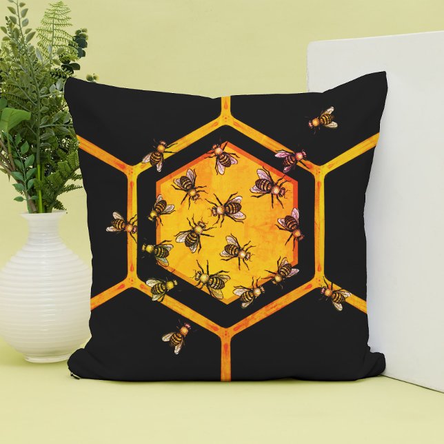 Coussin Abeilles de miel avec dessin d'hexagone jaune oran (Créateur téléchargé)