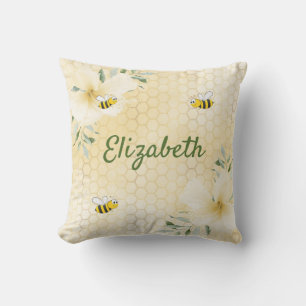 Coussin Abeilles jaune nid d'abeille fleuron nom