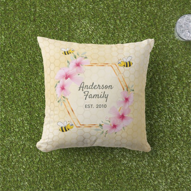 Coussin abeilles jaune nid d'abeille rose fleurs nom de fa (Herbe)