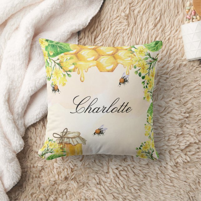 Coussin Abeilles miel fleurs jaunes nom script (Couverture)