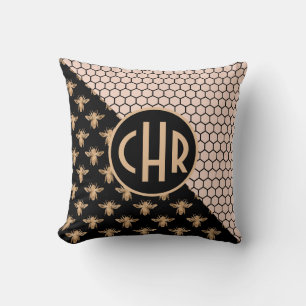 Coussin Abeilles noires et d'or et monogramme d'abeille ro