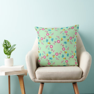 Coussin Abeilles, oiseaux et fleurs vert motif