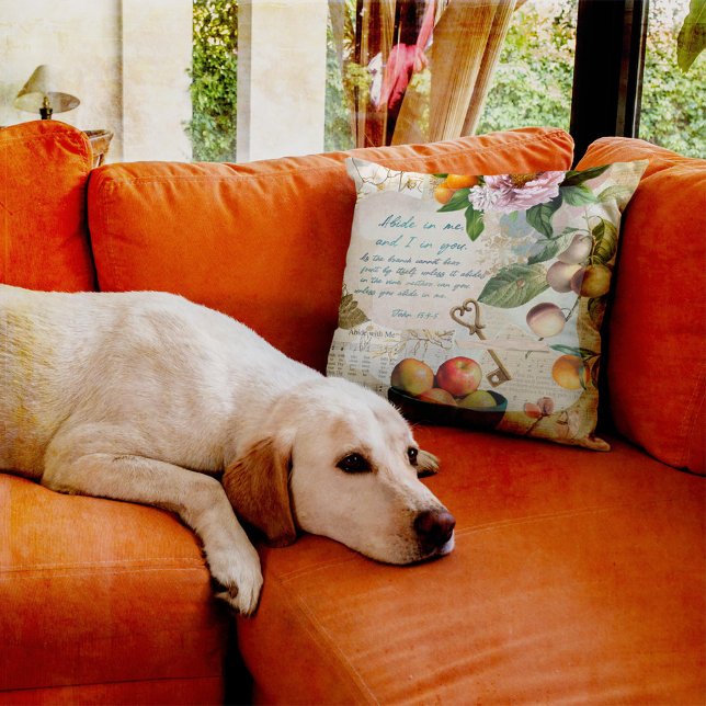 Coussin Abide in Me Fruitative Faith (Inspirational collage of fruit, scripture verse, sheet music, and elements of faith.  )