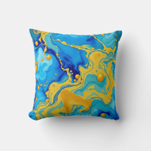 Coussin Abstrait à l'encre alcoolique bleue et or luxueux