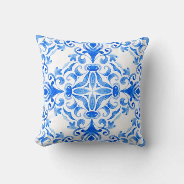 Coussin Abstrait bleu et blanc dessiné à la main sans cout (Recto)