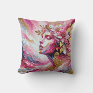 Coussin Abstrait Elegant femme visage rose feuille