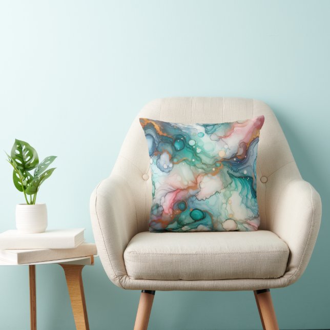 Coussin Abstrait en rose, sarcelle, bleu et or (Chaise)