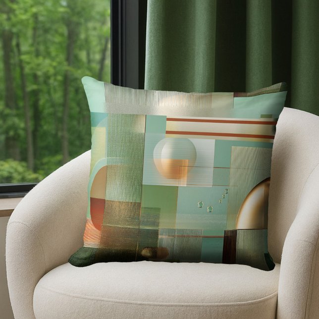 Coussin Abstrait Moderne Coloré Sarcelle Or (Pillow featuring a modern Bauhaus style abstract design in green, teal and gold.)