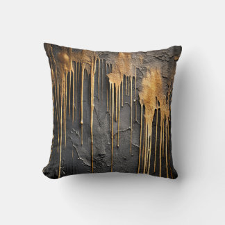 Coussin Abstrait Moderne Noir et Coulures d'Or Métallisé