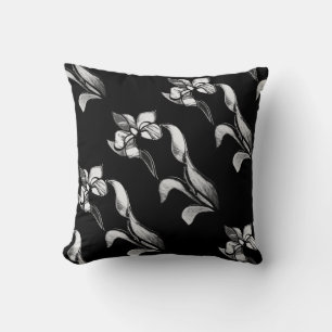 Coussin Abstrait noir blanc brillant fleurs sur noir