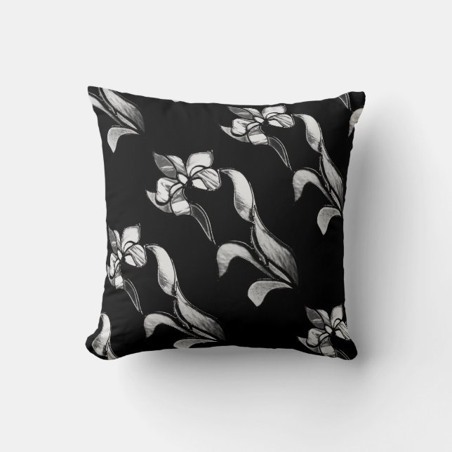Coussin Abstrait noir blanc brillant fleurs sur noir (Recto)