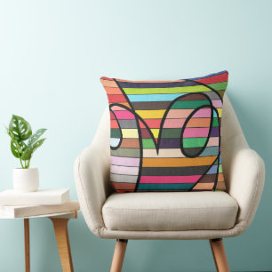 Coussin Abstrait rayé vibrant avec des tourbillons noirs a