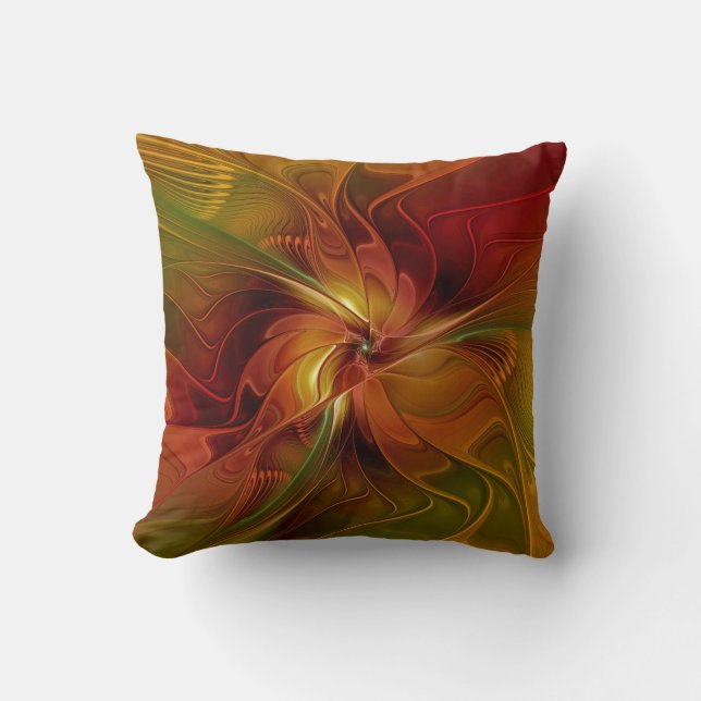 Coussin Abstrait Rouge Orange Brown Vert Fractal Art Flowe (Recto)