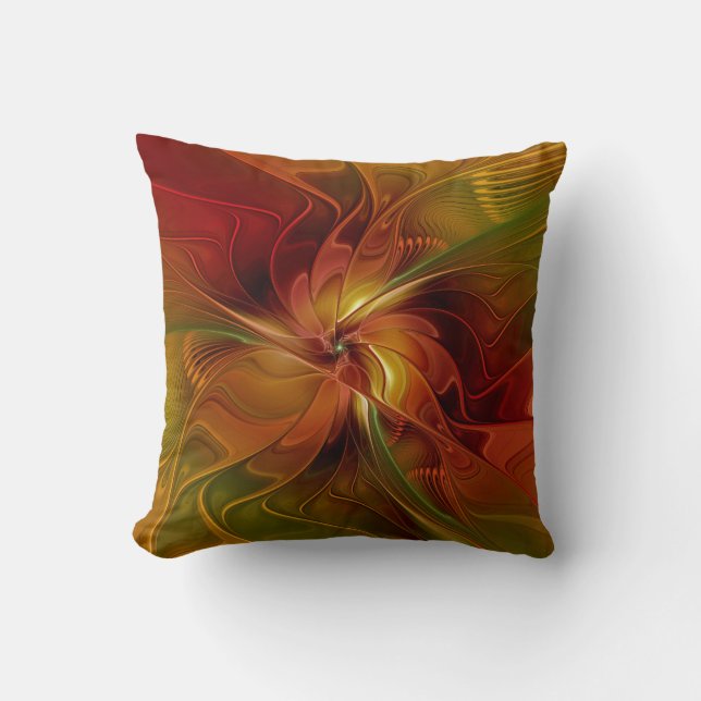 Coussin Abstrait Rouge Orange Brown Vert Fractal Art Flowe (Recto)
