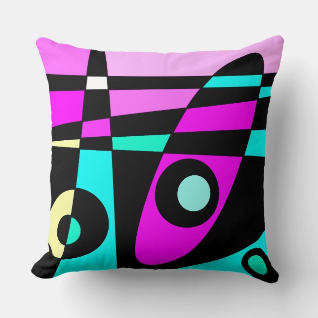 Coussin Abstrait Surf Turquoise Hot rose jaune noir (Recto)