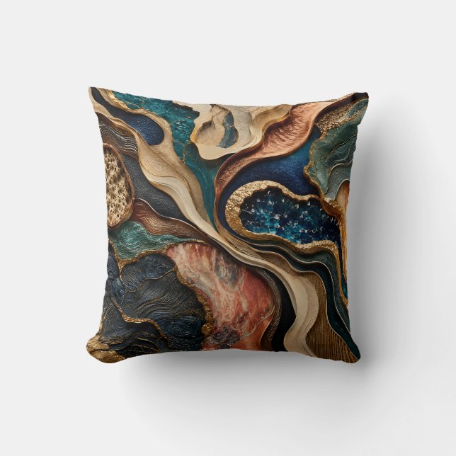 Coussin Abstrait Terreux Bleu Sarcelle et Or Bronz (Recto)