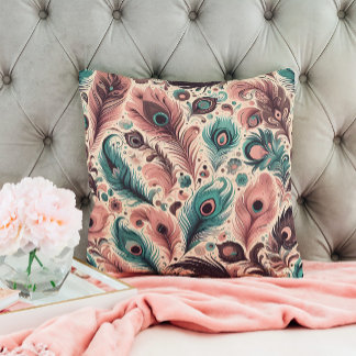 Coussin Abstraites plumes de paon fleur rose turquoise