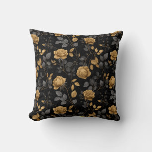 Coussin Accent doré élégant Rose Motif floral noir