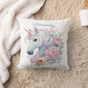 Coussin Accents Floraux Licorne Pastel Fantaisistes