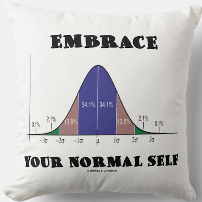 Coussin Acceptez votre Humour normal de courbe Self Bell (Throw pillow featuring bell curve attitude with stats humor advice to "Embrace Your Normal Self")